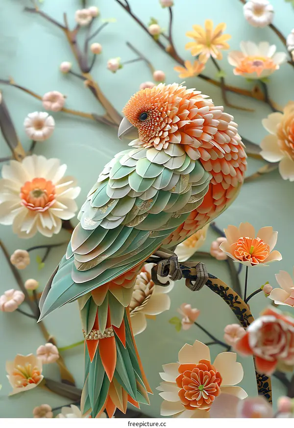 Colorful Bird on Branch with Flowers