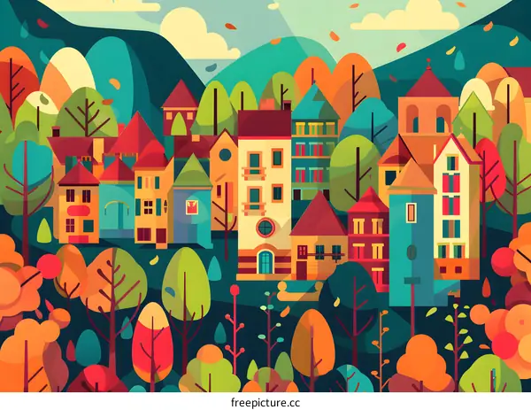 Colorful Illustration of a Small Town in the Autumn