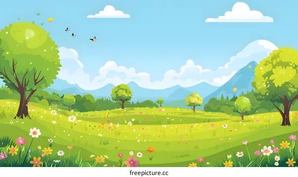 Beautiful Spring Landscape With Flowers And Birds