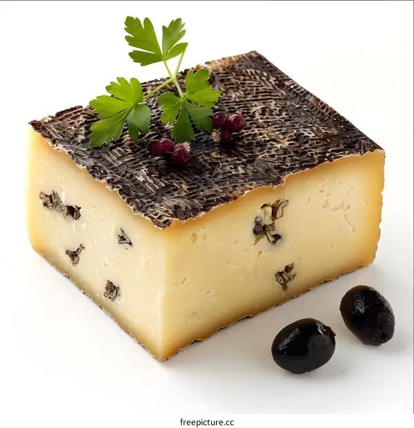 Block of cheese with olives and parsley
