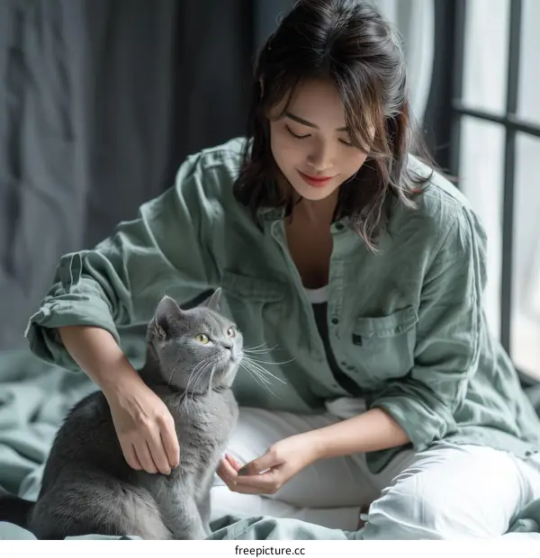 A young woman is sitting on a bed with a gray cat.