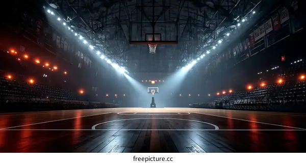Empty Basketball Court Under Spotlight