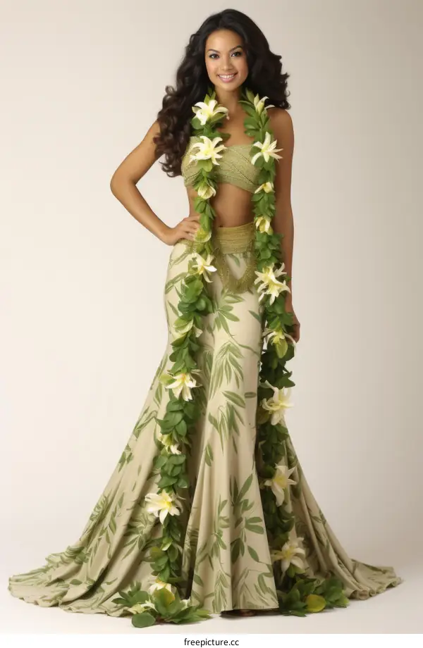 A woman wearing a green dress with a flower lei around her neck