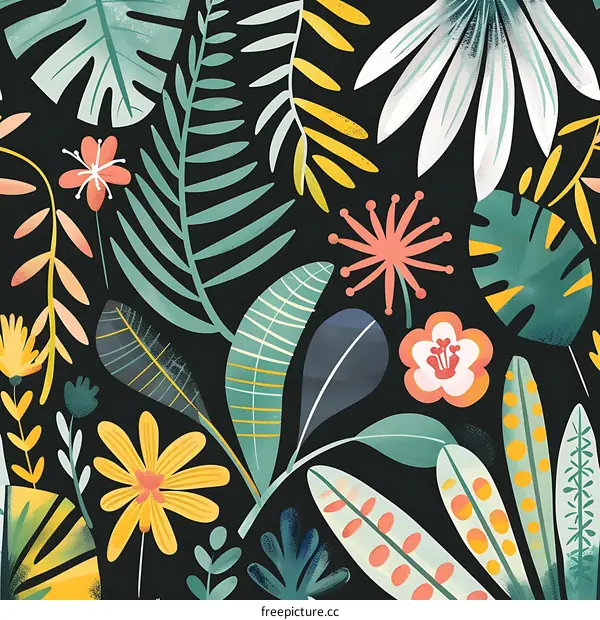 Colorful Tropical Leaves and Flowers Seamless Pattern