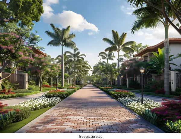 brick sidewalk between tropical houses