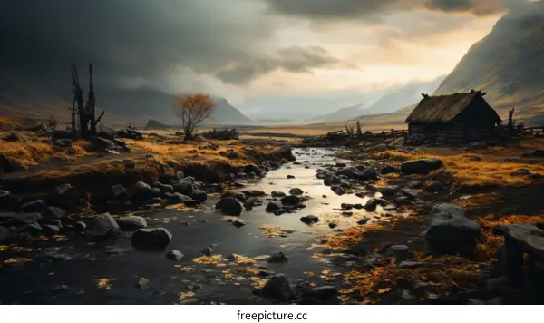 Thatched roof house in valley with mountains and river