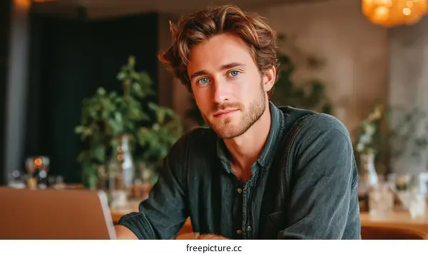 Focused Man Working on Laptop in Cafe