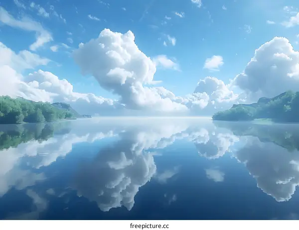 Blue sky and white clouds reflecting in the lake