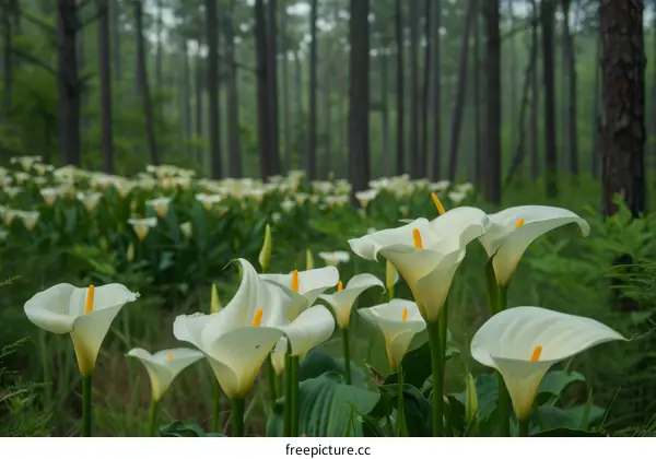 White Calla Lily Flowers Blooming in the Forest