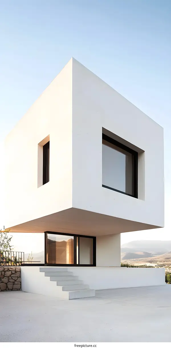 Modern Minimalist White Concrete House With Large Windows And Steps