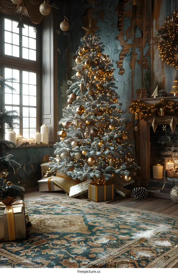 Exquisitely decorated Christmas tree by the fireplace
