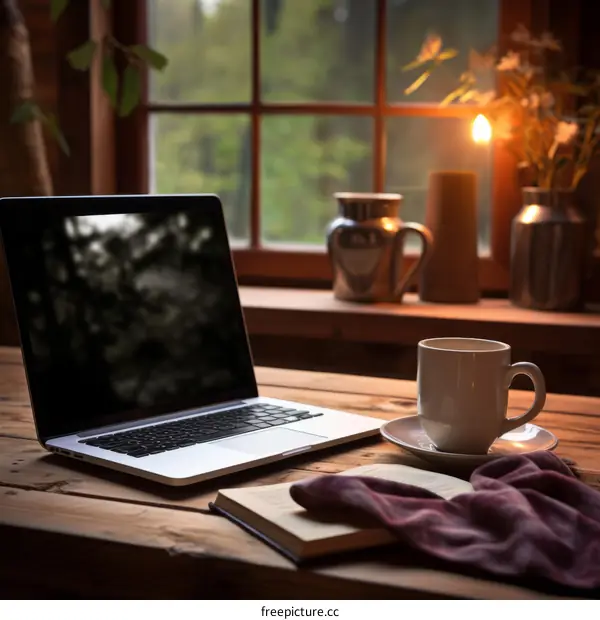 Cozy Cabin Writing Nook with Laptop and Coffee