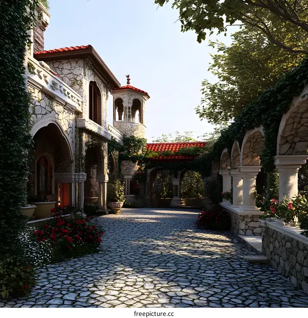 Stone Courtyard with Arched Walkways