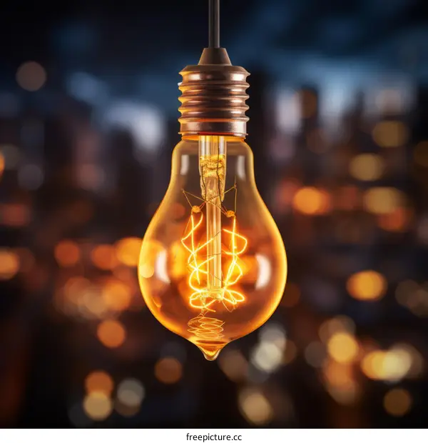 Glowing Light Bulb Hanging Against Dark Cityscape