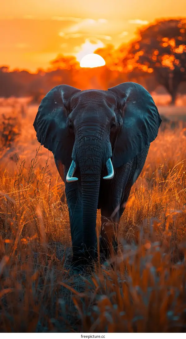 African Elephant Walking Through Tall Grass at Sunset