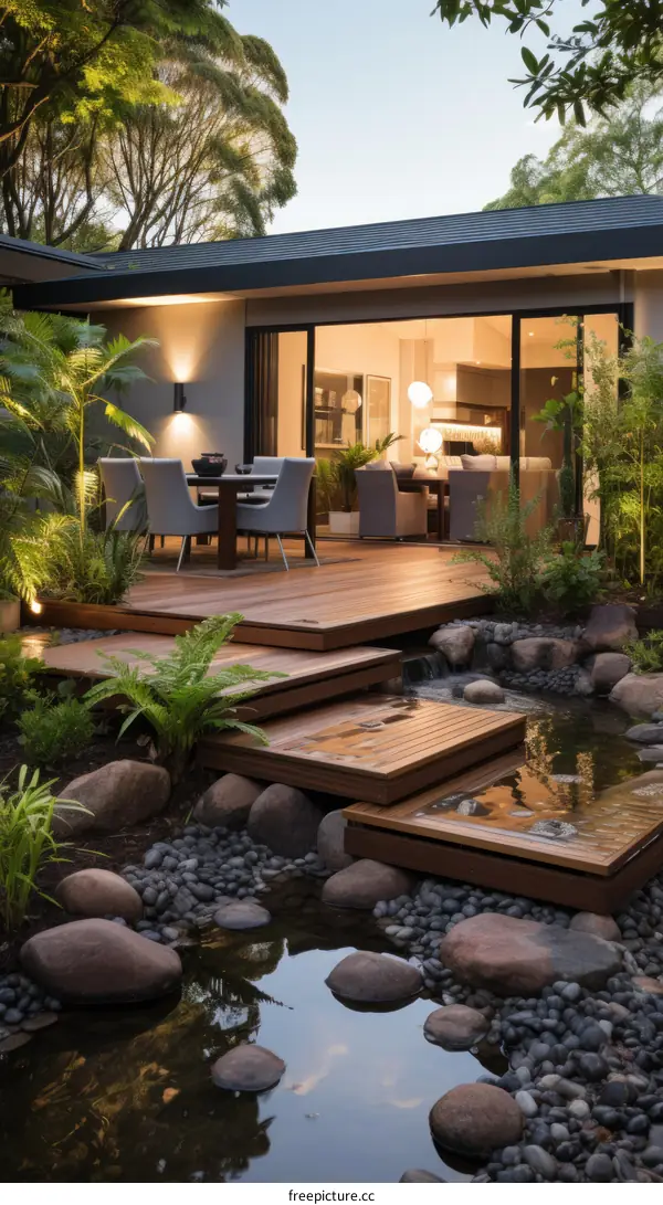 A beautiful garden with a modern house