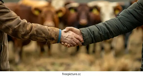 Two farmers shaking hands in a field of cows