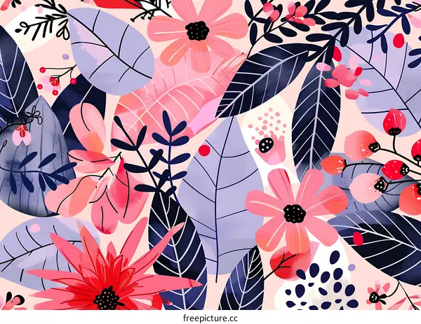 Abstract Floral Pattern With Pink Flowers And Blue Leaves