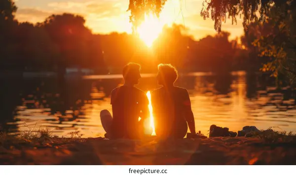 Two men are sitting on the edge of a lake and looking at each other during the sunset.
