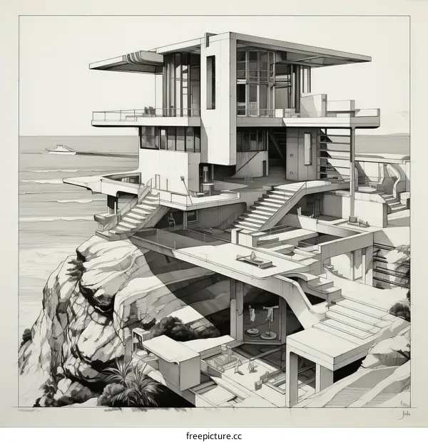 futuristic house on a cliff overlooking the ocean