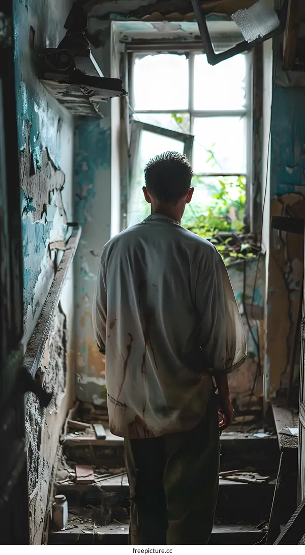 Man in Abandoned Building Looking Through Broken Window