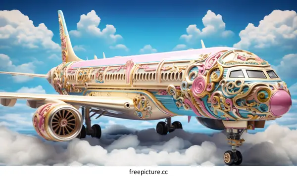 A whimsical and colorful airplane flies through a fluffy cloud