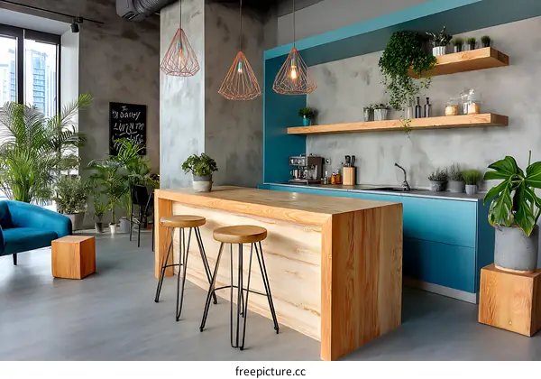 Modern Kitchen with Wooden Island and Teal Cabinets