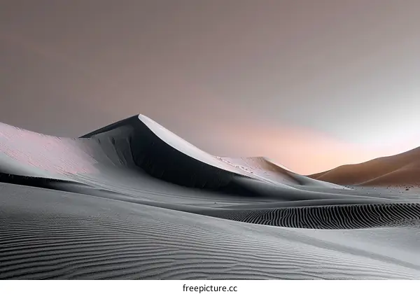 Black and white desert landscape with large sand dunes