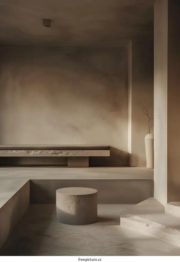 Minimalist Interior Design with Stone Bench and Stool