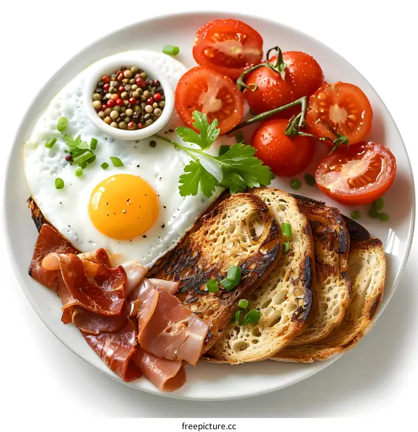 Fried egg with bacon and toasts on white plate