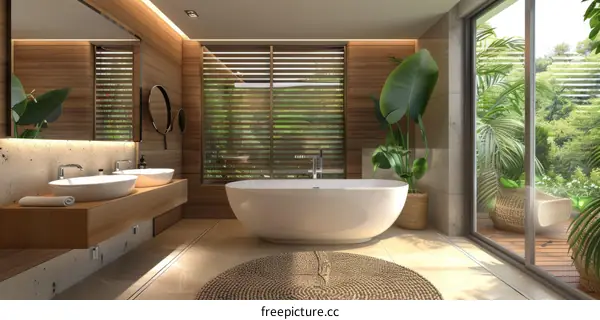 Modern bathroom with a view of the palm trees