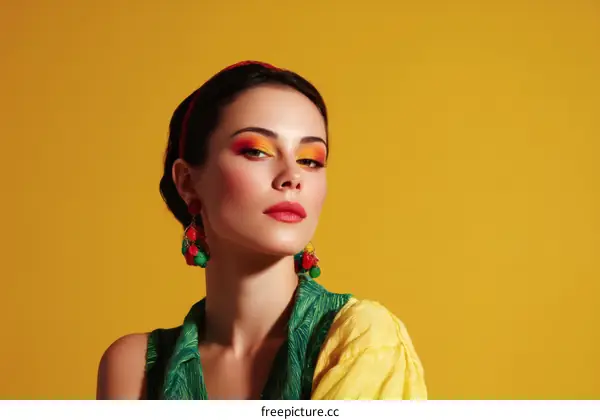 Fashion Portrait of a Woman with Vibrant Makeup and Accessories