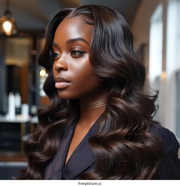 Beautiful Black Woman with Long Wavy Hair