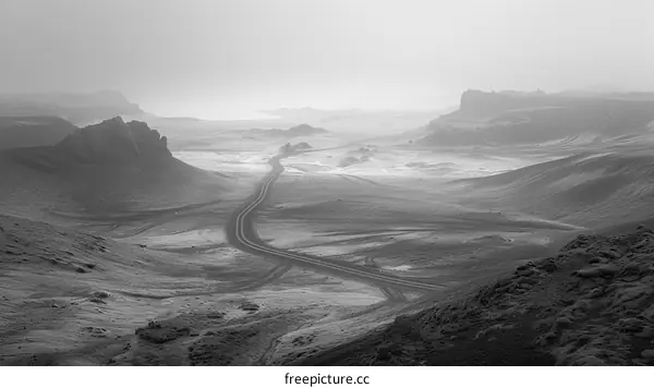 Black and white photo of a road in a desolate landscape