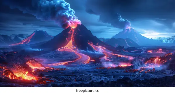 Lava Flowing Down a Mountainside During Volcanic Eruption