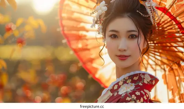 Portrait of a beautiful Japanese woman in traditional kimono holding an orange umbrella