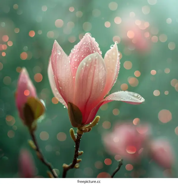 A beautiful magnolia flower with dew on its petals.