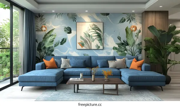 Modern Living Room with Tropical Wall Decor