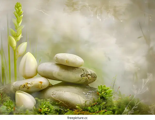 Stack of Stones with Green Plants on Mossy Ground