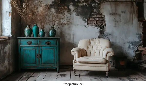 Rustic Interior with Antique Furniture and Vases