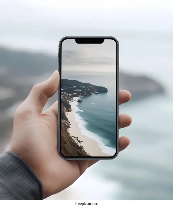 Hand Holding Phone With Coastline Picture