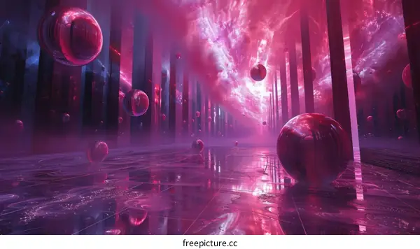 Pink Sci-Fi Cityscape with Floating Spheres