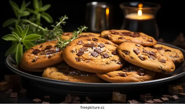 Close-up of chocolate chip cookies on a plate