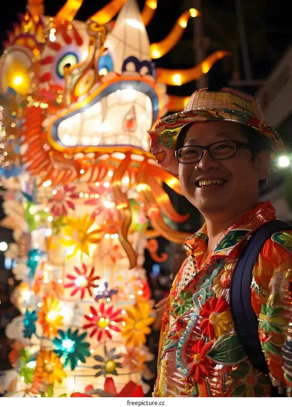 Man Wearing Festive Hat and Shirt Posing in Front of Colorful Dragon Lantern
