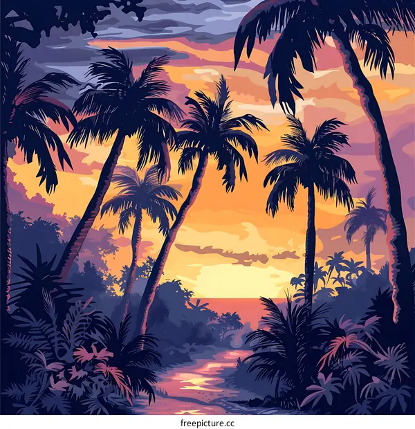 Tropical Sunset Silhouette Landscape