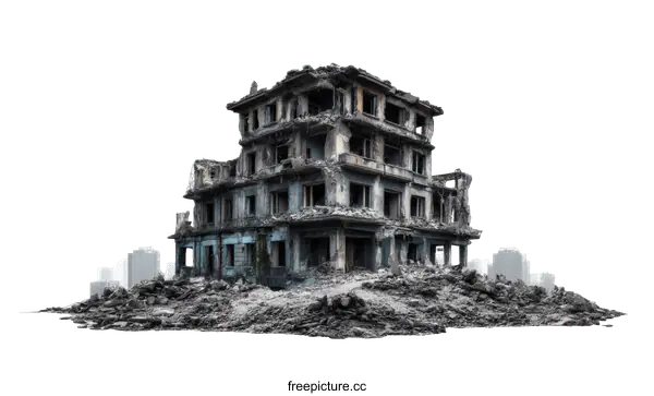 [Transparent Background PNG]Ruined Building Amidst Debris on White Background
