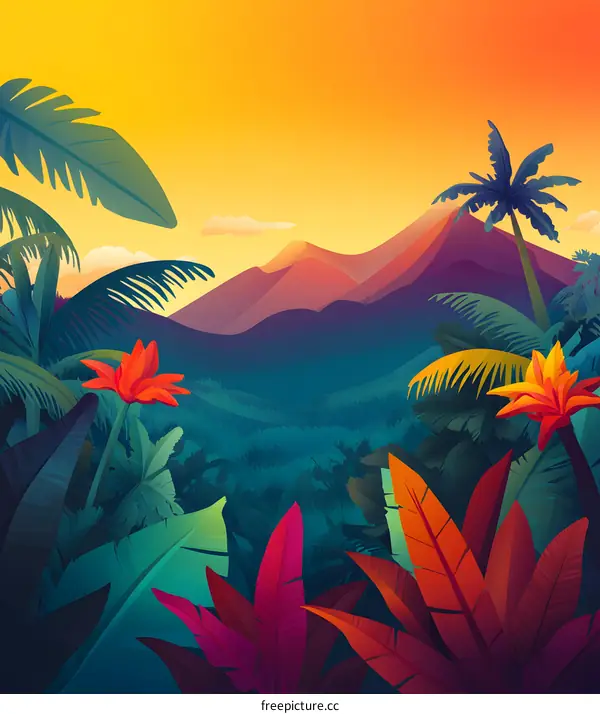 Tropical Sunset with Palm Trees and Mountains