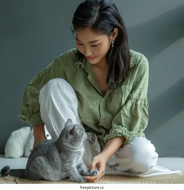 A young woman is sitting on the floor with a gray cat