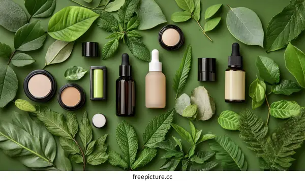 Natural Cosmetics Product Arrangement on Green Background
