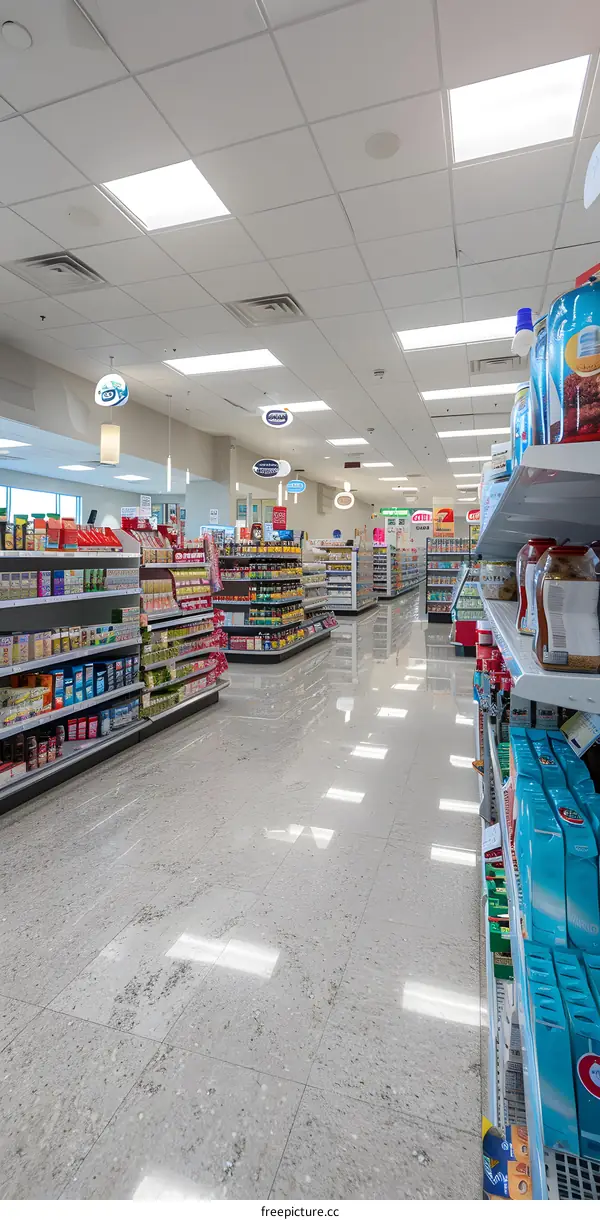 Empty Supermarket Aisle With Shelves Full Of Products